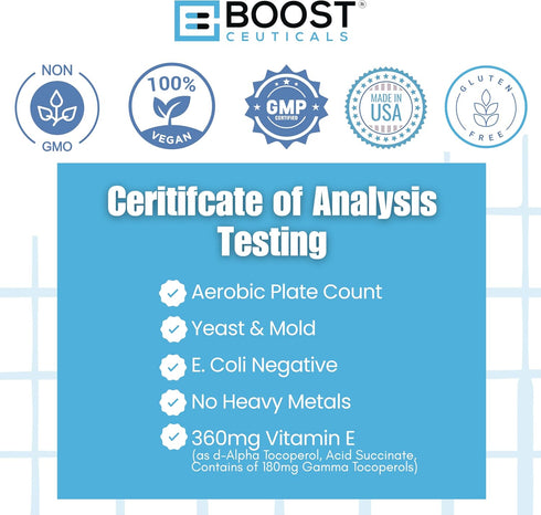 BoostCeuticals Vegan Vitamin e Gamma Tocopherol |180mg Gamma e Per Serving | Antioxidant Immunity Support | Non GMO No Magnesium Stearate No Silic...