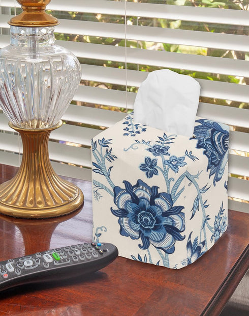Fabric Tissue Box Cover, Tissue Holder Slipcover, Slips Over Square Cube Cardboard Facial Tissue Boxes -Decorative Cotton Blue Floral Fabric, Made...