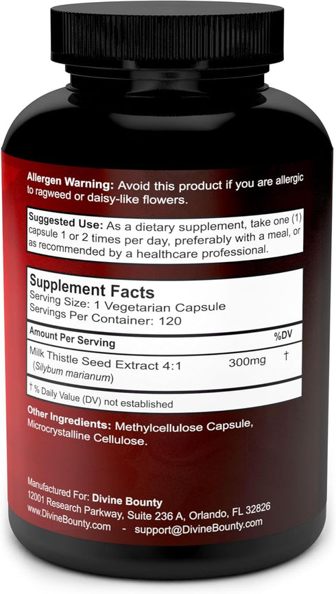 Divine Bounty Pure Milk Thistle Capsules Supplement - A Potent 1200mg Milk Thistle Supplement with 4X Concentrated Extract (Standardized) 120 Vege...