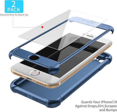 ORETECH Compatible with iPhone 7/8 Case, with 2 Pack HD Screen Protector 360° Full-Body Silicone Soft TPU Hard PC Protective Bumper Phone Case Cov...