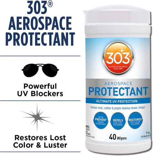 303 Products Aerospace Protectant Wipes – UV Protection – Repels Dust, Dirt, & Staining – Smooth Matte Finish – Restores Like-New Appearance – 40 ...