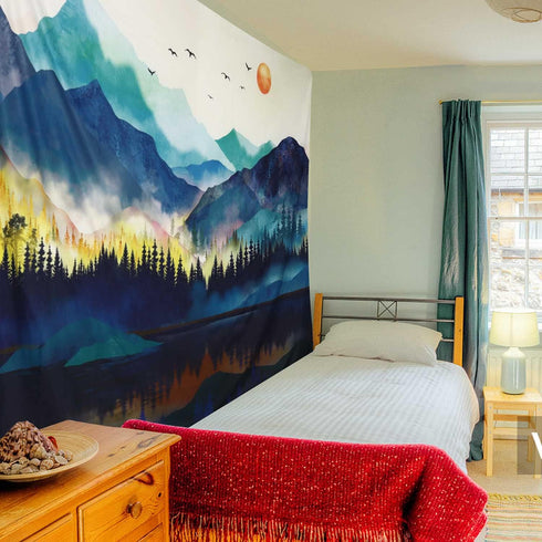 RosieLily Mountain Tapestry, 59"x79" Watercolor Tapestry Nature Tapestry Misty Forest Tapestry Sun Sunset Tree Landscape Tapestry Mountains Teal M...
