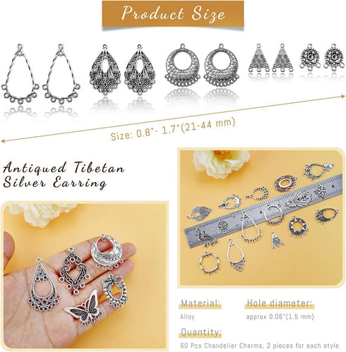 JIALEEY Antiqued Tibetan Silver Earring Chandelier Earring Jewelry Making Kit for Earring Drop and Charm Pendant Assorted Pack (30Pair 60Pcs)...