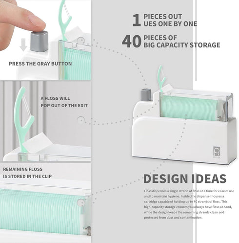 Floss Pick Dispenser with 40 Count Double Thread Flossers and 2 Boxes of Replacement Cores, Cleaning Teeth More Deeply, Sealed Storage (Green)...