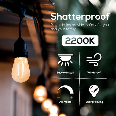 Banord 15 Pack Dimmable 2W S14 Replacement LED Bulbs, 2200K Waterproof Outdoor String Lights Vintage LED Filament Bulb, Shatterproof E26 Screw Bas...