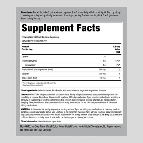 Piping Rock Fiber Complex | 1500mg | 120 Capsules | Triple Action Fiber | with Psyllium, Oat Bran and Apple Pectin | Non-GMO Supplement...