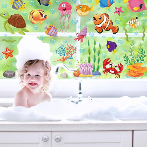 9 Sheets Summer Window Clings Ocean Themed Tropical Fish Window Decals Sea Life Double-Sided Window Decals for Summer School Home Office Bathroom ...