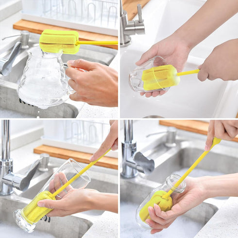 4PCS Yellow Soft Sponge Bottle Cleaning Brush Plastic Handle Cup Brush Scrubber Washing Brush vase Bottle Pot Cleaner?2 Size 10”15”?...