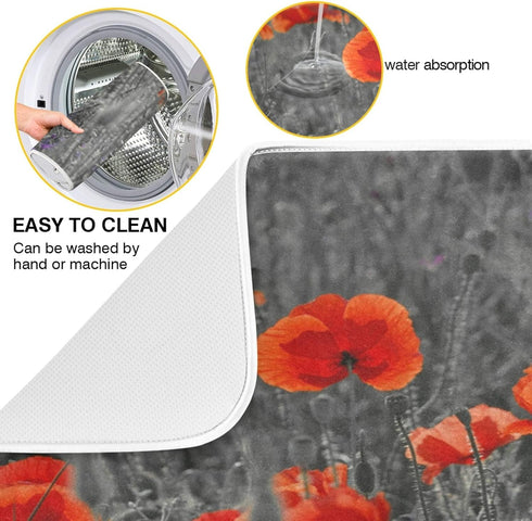 Beautiful Meadow Red Poppy Flowers Absorbent Dish Drying Mat Microfiber Kitchen Countertop Table Protector Multi-Purpose Counter Rack Sink Drainer...
