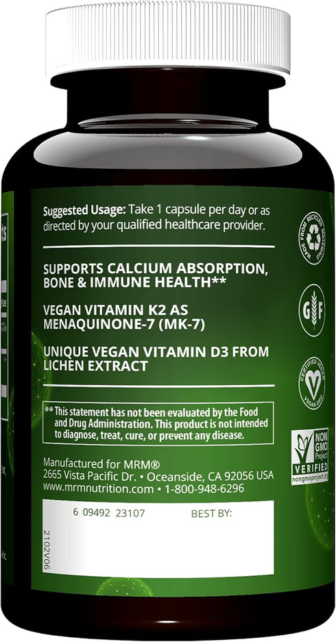 MRM Nuturition Vegan Vitamin D3 & K2 | Bone + immune health | Made from lichens | Supports calcium absorption | Vegan + Vegetarian friendly | 60 s...