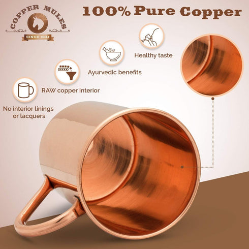 Copper Mules PURE Copper Mug RAW Copper Interior Ideal for Ayurvedic Health Benefits and Moscow Mules - Straight Smooth Finish - Authentic and Str...