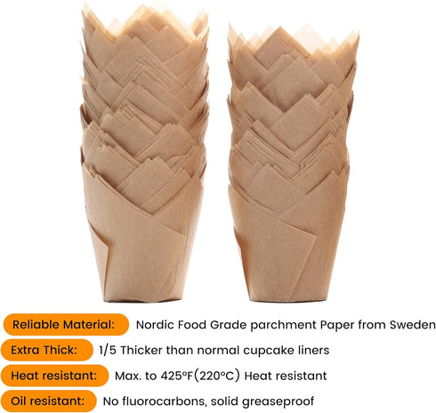 200pcs Natural Tulip Cupcake Liners for Baking Cups Unbleached European Parchment paper Tulip Muffin Liners, Cupcake Wrapper for Party, Christmas...