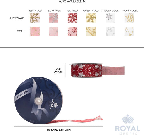 Royal Imports Organza Glitter Wired Sheer Christmas Ribbon - 2.5" (#40) Snowflake Design for Floral, Craft, Holiday Decoration, 50 Yard Roll (150 ...