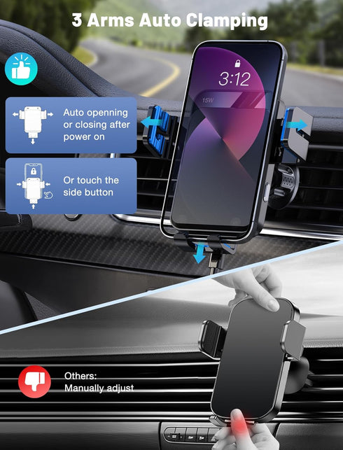 Wireless Car Charger, MOKPR Auto-Clamping Car Mount 15W/10W/7.5W Fast Charging Air Vent Car Phone Mount Compatible with iPhone 15/14/13/13 Pro/12 ...