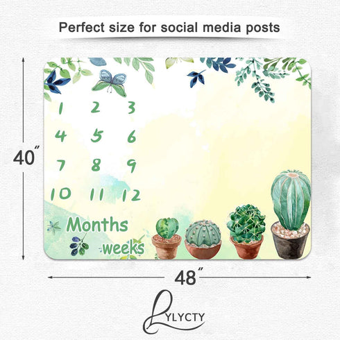 Baby Monthly Milestone Blanket, Green Cactus Butterfly Leaves Baby Memory Blanket Newborn Growth Chart Baby Age Blanket, 48x40 Inch Nursery Baby S...