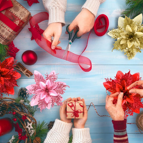Christmas Poinsettia Artificial Flowers Decorations 5.5" Christmas Tree Wreaths Garland Decoration 12 Pcs Glitter Flowers Picks Decor for Xmas New...