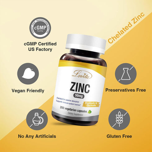 Zinc 50mg | Potent Highly-Absorbed Chelated Zinc Supplements, Picolinate & Bisglycinate | Vegan, Gluten Free, Non-GMO | for Immune, Antioxidant Su...