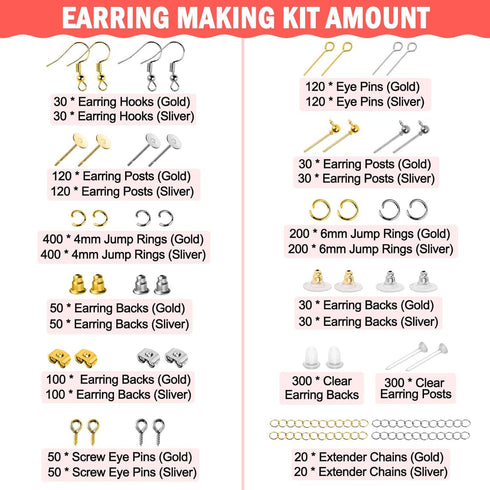 Earring Making Supplies Kit, Caffox 2900pcs Earring Hardware Pieces Repair Parts with Earring Hooks Posts Backs and Jump Rings for Making Earrings...