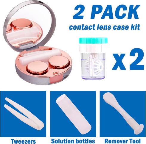 2 Pack Contact Lens Case, Contact Case Travel with Cleaner Washer, Tweezers, Remover Tool Contact Solution Bottle (Rose Gold)...