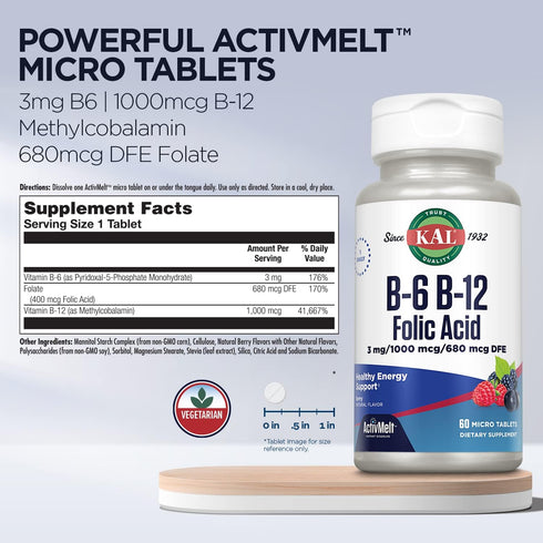 KAL Vitamin B-6, B-12 & Folic Acid Supplement, Heart Health, Energy & Red Blood Cell Support*, with Vitamin B12 Methylcobalamin & Folate, Natural ...