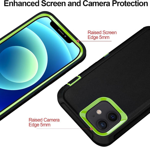 iPhone 12 Case with Belt Clip and 2 Pack Screen Protector - Military Grade Rugged Full Body Phone Case (Black+Green)......