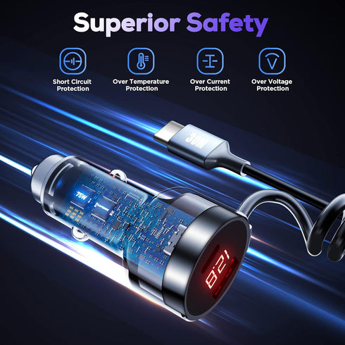 USB C Car Charger, 75W Metal 3-Port Super Fast Car Charger Adapter PD & QC3.0 Built-in 6ft Type C Coiled Cable for Samsung Galaxy S22/21 iPhone iP...
