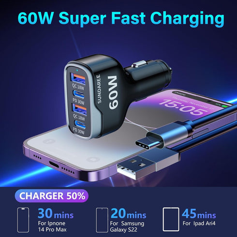 SUNDAREE 4 Ports USB C Fast Car Charger with Plug Outlet, Car Charger Adapter with 3.3FT Cable(USB-A to USB-C), Dual QC 18W & PD 30W Car Phone Cha...