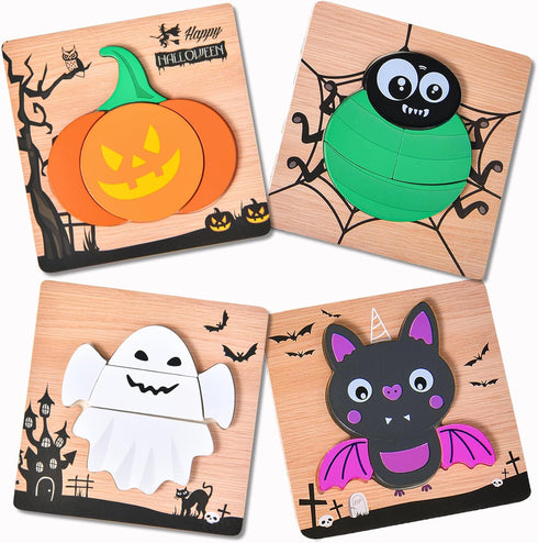 4 Pack Halloween Wooden Puzzles for Kids Boys Girls Toddlers Halloween Jigsaw Puzzles Halloween Toys for Halloween Party Favors Treat Bag Hallowee...