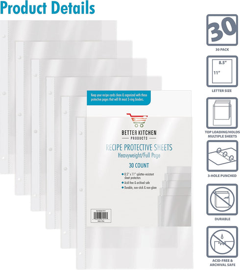 Recipe Sheet Protectors Full Page, 8.5 x 11 inch, 30 Pack, Heavyweight, Top Load, by Better Kitchen Products, Page Protector Binder Sheets, 3-Hole...