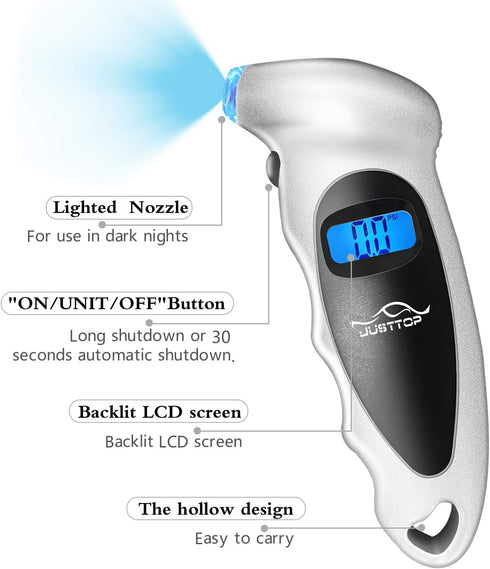 JUSTTOP Digital Tire Pressure Gauge, 150PSI 4 Setting for Cars, Trucks and Bicycles, Backlit LCD and Anti-Skid Grip for Easy and Accurate Reading(...