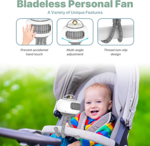 Stroller Fan, Portable Bladeless Fan Mini Handheld Fans, 4-Speed Options USB Rechargeable Battery Operated Fan, Suitable for Stroller, Desk, Handh...
