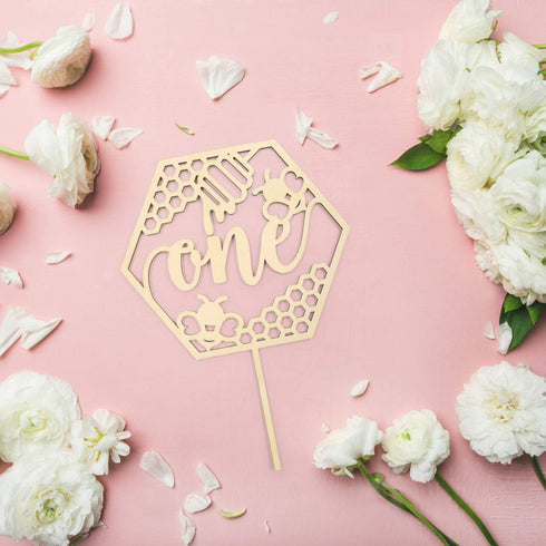 Huray Rayho Bumble Bee One Cake Topper for First Birthday 1st Honey Bee Theme Party Decoration Honeycomb Wood Cake Topper Bee Cake Supplies...