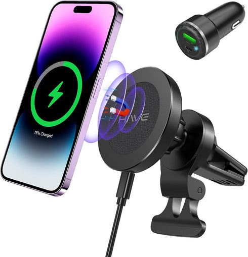 Magnetic Wireless Car Charger, Design for MagSafe Car Mount Charger, Strong Magnetic 15W Fast Charging Car Charger Phone Holder with USB Car Charg...