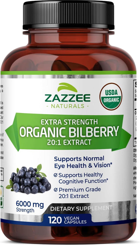 Zazzee USDA Organic Bilberry 20:1 Extract, 6000 mg Strength, 120 Vegan Capsules, 4 Month Supply, Standardized and Concentrated 20X Extract, 100% V...