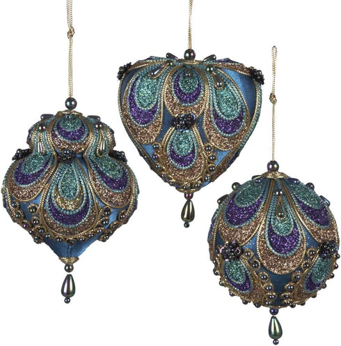 Kurt Adler 3-3.5" Aqua Satin Fabric with Gold, Purple and Green Glitters Tornasol Beads with Rayon Cord Hanging Ornaments: Ball, Dome and Heart Se...