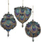 Kurt Adler 3-3.5" Aqua Satin Fabric with Gold, Purple and Green Glitters Tornasol Beads with Rayon Cord Hanging Ornaments: Ball, Dome and Heart Se...