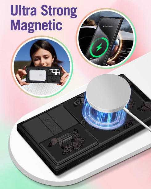 ?2in1 for Samsung Galaxy S24 Ultra Case Women Cute Girls Phone Cover Girly Aesthetic Black Butterfly Unique Design Camera Cover Compatible with Ma...