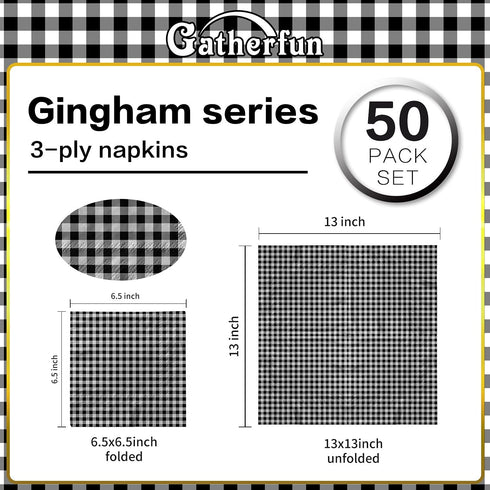 Gatherfun Disposable Paper Napkins Black and White Gingham for Dinner Picnic and Parties (Pack of 50)...