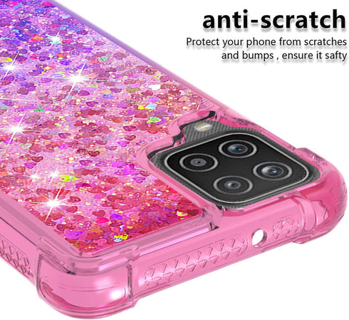 for Samsung Galaxy A12 Case with Tempered Glass Screen Protector,Women Girls Glitter Bling Floating Liquid Cute Soft TPU Shockproof Protective Pho...