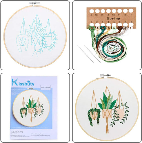 KISSBUTY Full Range of Embroidery Starter Kit with Pattern, Cross Stitch Kit Including Embroidery Fabric with Plant Pattern, Bamboo Embroidery Hoo...
