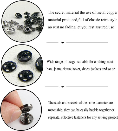 Kenkio 120 Sets Sew-on Snap Buttons Metal Snaps Fasteners Press Studs Buttons for Sewing, 8 mm and 10 mm,Black and Silver...