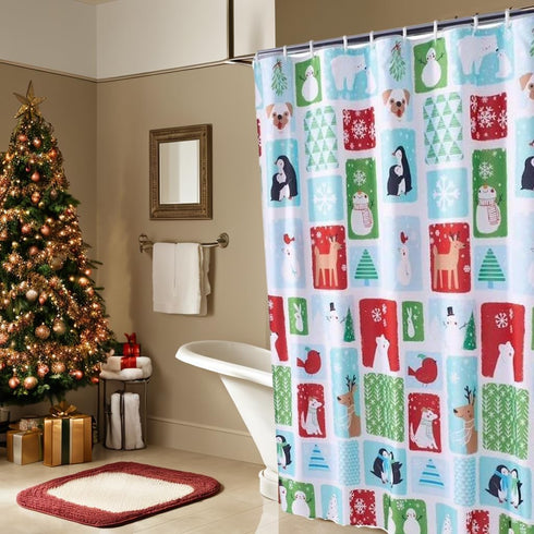 Christmas Holiday Cheer Fabric Shower Curtain, Winter Theme with Snowmen Penguins Polar Bears Deer 70x70 inch...
