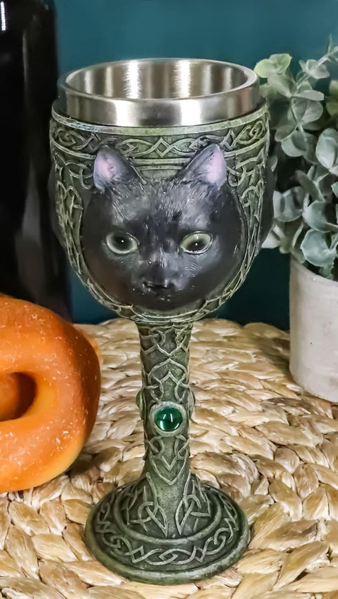 Ebros Wicca Mystical Witching Hour Black Cat Wine Goblet 7oz Feline Cats Celtic Wine Knotwork Beverage Chalice Goblet Cup With Green Gems...