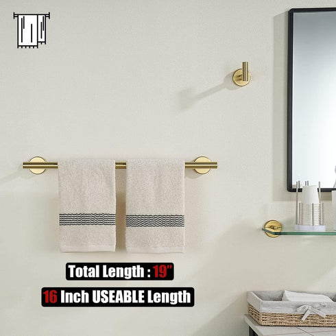 JQK Towel Bar Brushed Gold, 16 Inch 304 Stainless Steel Thicken 0.8mm Towel Rack Bathroom, Towel Holder Wall Mount, Total Length 19 Inch TB110L16-...