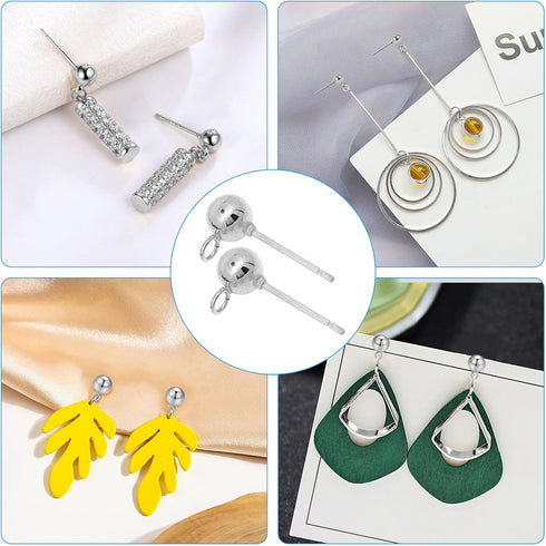 200Pcs Earring Studs for Jewelry Making, Hypoallergenic Ball Post Earring Studs Earring Findings Earring Posts with Loop with 200Pcs Silicone Clea...
