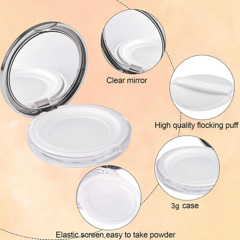 Loose Powder Container, 3 Pieces Compact Powder Container with Puff and Mirror,3 g/ 0.11 Oz Reusable Empty Refillable Makeup Powder Case Portable ...