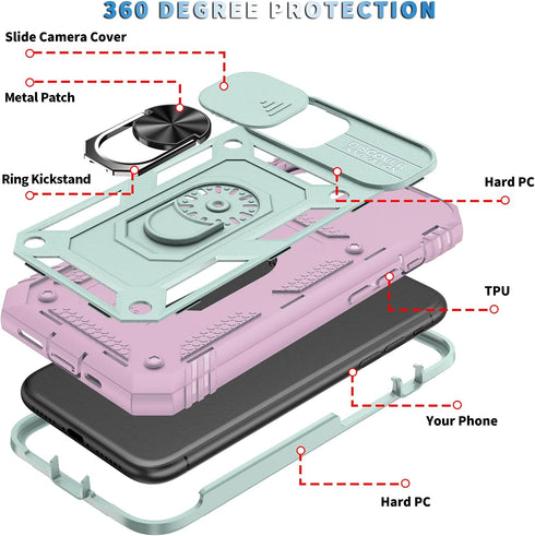 Case for iPhone 11, Shockproof Impact Resistant with Slide Lens Protective Cover Case for iPhone 11 (6.1 inch) (Pink Green)...