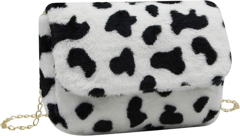 Women Faux Fur Shoulder Bag Fluffy Plush Handbag Leopard Cow Print Clutch Wallet with Chain Strap for Girls Ladies...