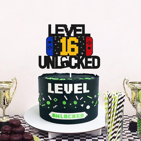 Level 16th Unlocked Sign Cake Topper Happy 16th Birthday Level Up Sixteenth Cake Decorations for Video Game Controller Themed Kids Boy Girl Bday P...