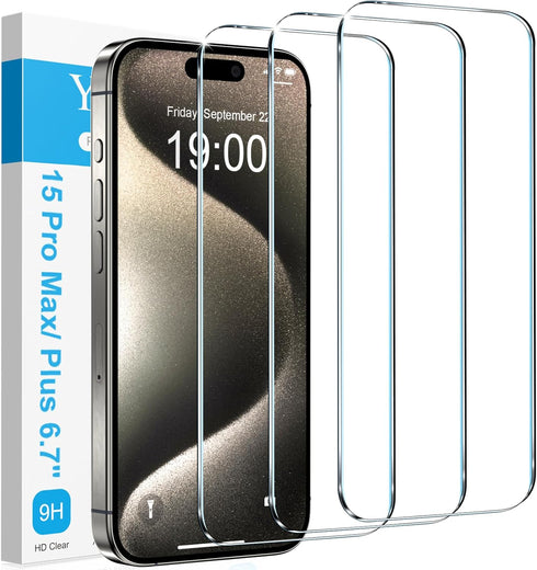 YMHML 3 Pack for iPhone 15 Pro Max/iPhone 15 Plus Screen Protector, Military Grade Tempered Glass HD Clear Film Case Friendly Screen Protector iPh...